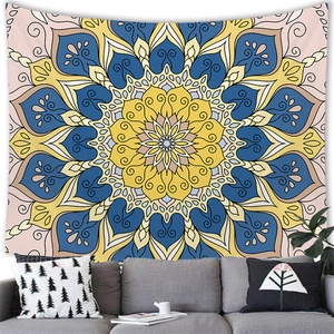 Detailed Bohemian mandala wall tapestry with geometric floral patterns on a fabric backdrop