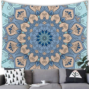 Minimalist mandala tapestry with blue geometric floral pattern for home wall decoration