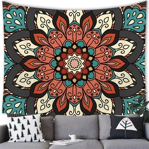 Ethnic bohemian mandala tapestry with vibrant orange and cyan geometric patterns for wall decor