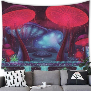 Fantasy mushroom forest tapestry with vibrant neon red and blue colors for wall decor