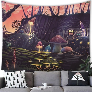 Detail of fantasy forest mushroom tapestry hanging over a modern grey sofa