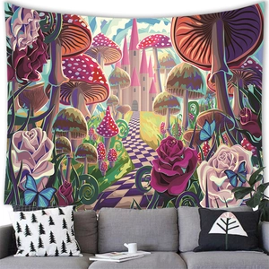 Fantasy forest tapestry with colorful mushrooms and castle hanging above a grey sofa