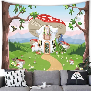 Detail of fairy tale mushroom house tapestry with vibrant needlework and forest landscape