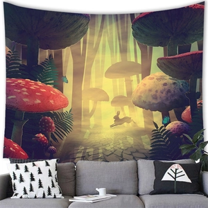Detail of enchanted mushroom forest tapestry hung above a sofa for home decor
