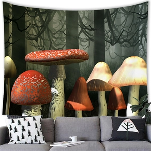 Detail of enchanted forest mushroom tapestry hanging over a modern sofa in a living room