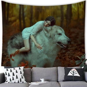 Enchanting forest wall tapestry featuring a woman and grey wolf art for home decor