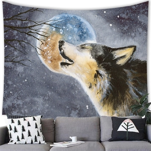 Fantasy forest tapestry featuring a howling wolf and full moon over a modern sofa