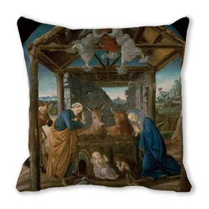 Détail de la housse de coussin en peau de pêche avec impression d'art religieux de la Renaissance