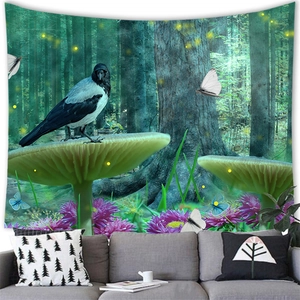 Detailed view of mystical forest tapestry with crow and mushrooms hanging over a sofa