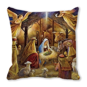 Détail de la peinture à l'huile de la crèche de Noël sur la housse de coussin