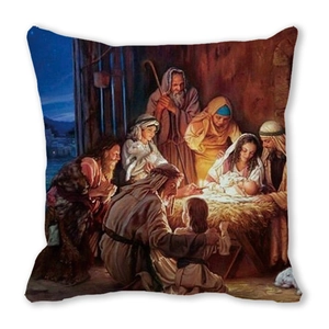Détail d'une taie d'oreiller carrée avec une peinture à l'huile classique de la Nativité