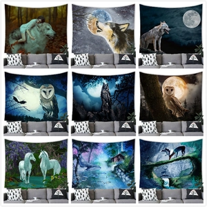 Fantasy Forest Animal Wall Tapestry Polyester Mystic Wolf Owl Unicorn Moon Backdrop Hanging Blanket Artistic Living Room Bedroom Decor