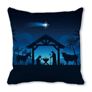 Housse de coussin bleue Scène de Nativité en tissu peau de pêche sur fond blanc