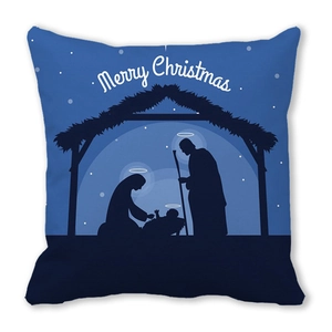 Housse de coussin de Noël bleue avec silhouette de crèche et vœux de Joyeux Noël