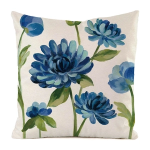 Detailed view of the textured linen fabric and blue floral oil painting print on the cover