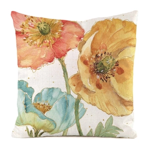 Close-up detail showing watercolor poppy flower pattern on linen texture pillowcase