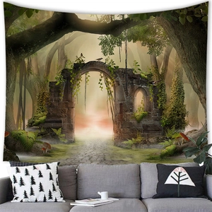 Detail of enchanted forest tapestry featuring a stone archway above a sofa