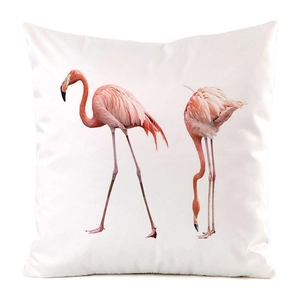 Detailed view of white square cushion cover with pink flamingo print on high-quality fabric