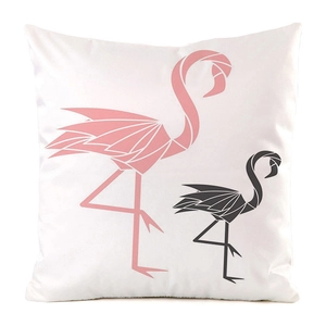 Detail of white square pillowcase with geometric flamingo print in modern origami style
