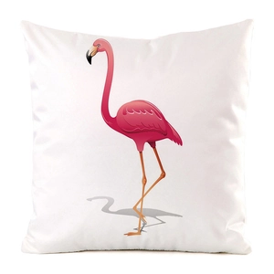 Detailed view of the flamingo art print on a smooth white satin throw pillow cover