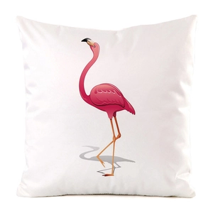 Detail shot of white silk pillowcase featuring a pink flamingo illustration and smooth texture