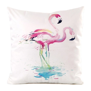 Detailed view of watercolor flamingo art printed on a white faux silk cushion cover