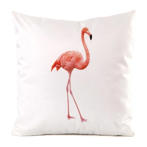 Close-up of a pink flamingo printed on a white satin-finish decorative throw pillow cover