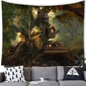 Detailed wall tapestry showing a fantasy treehouse in an enchanted forest with golden dials