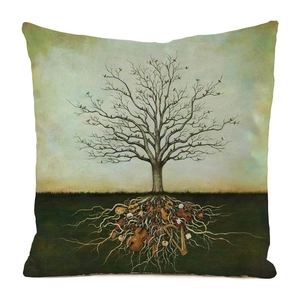 Détail macro de l'arbre de vie surréaliste et instruments de musique sur housse de coussin