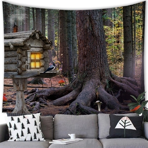 Detail of enchanted forest tapestry showing glowing cabin and soft fabric texture on wall