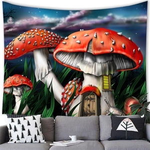 Detail of fantasy mushroom forest tapestry hanging above a grey sofa in a living room