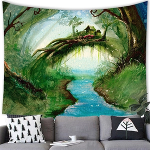 Fantasy forest house tapestry wall hanging with watercolor river and woodland landscape