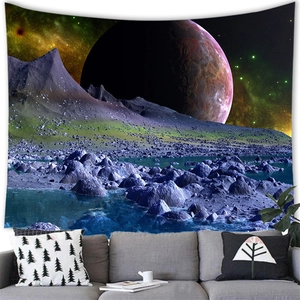 Detail showing the fabric texture of a sci-fi landscape tapestry over a grey sofa