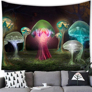 Detail of enchanted forest tapestry with glowing mushrooms hanging over a living room sofa