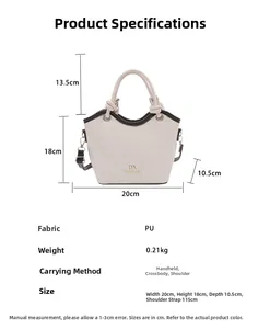 Detailed view of cream PU leather handbag showing size 20x18cm and brand logo