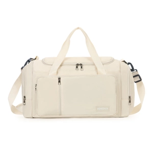 Close-up of spacious travel bag with separate shoe compartment and waterproof fabric
