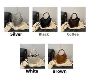 Collage of chic PU leather bucket bags in silver, black, coffee, cream and brown