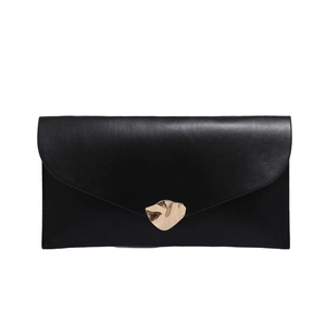 Elegant black rectangle envelope clutch bag with unique gold crinkle metal buckle hardware