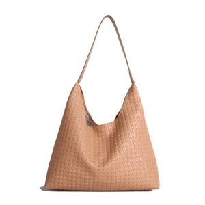 Chic woven leather tote bag in brown with large capacity and hobo shoulder strap design