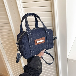 Denim Mini Boston Bag Small Crossbody Handbag With Brown Leather Patch Contrast Stitching Retro Casual For Women