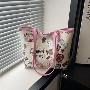 Women Fashion PU Leather Tote Bag Printed Graffiti Cartoon Hong Kong Theme Shoulder Bag Large Capacity Daily Commuting Handbag