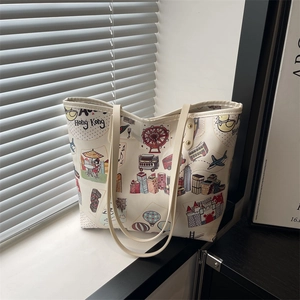 Fashionable white tote bag with colorful Hong Kong graffiti prints and long handles