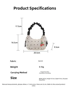 Tabella delle misure per borsa in tela a pois con dettagli su larghezza altezza e manici