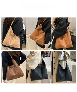 Detailed views of multi-color woven leather hobo bags styled on models for daily commute