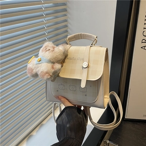 Mini Zaino da Donna Carino in Pelle PU a Scacchi Gingham Borsa a Mano Orso Cartone Animato Borsa a Tracolla Per Viaggi Quotidiani Stile Preppy Ragazze Con Ciondolo Peluche