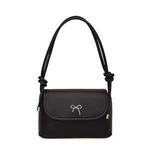 Elegant black faux leather shoulder bag with silver bow clasp and thin double straps
