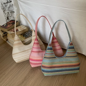 Minimalist striped woven underarm bags in beige and rainbow colors for women