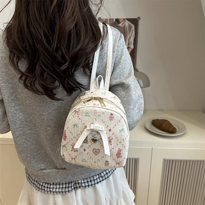 Cute mini floral backpack for women with cartoon bear prints and decorative bow
