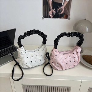 Women Quilted Shoulder Bag With Cherry Pendant Fashion Wrinkled Handle Hobo Crossbody Bag Casual Versatile Dumpling Bag