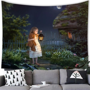 Fantasy forest tapestry with girl and lantern wall hanging for cozy home decor